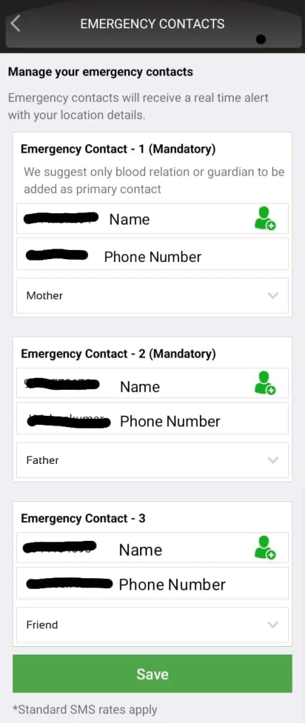 Adding emergency contacts on Kaaval Thunai app
