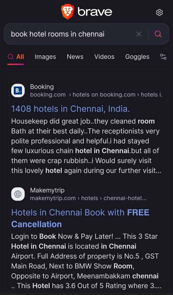 Book hotel rooms in Chennai search results