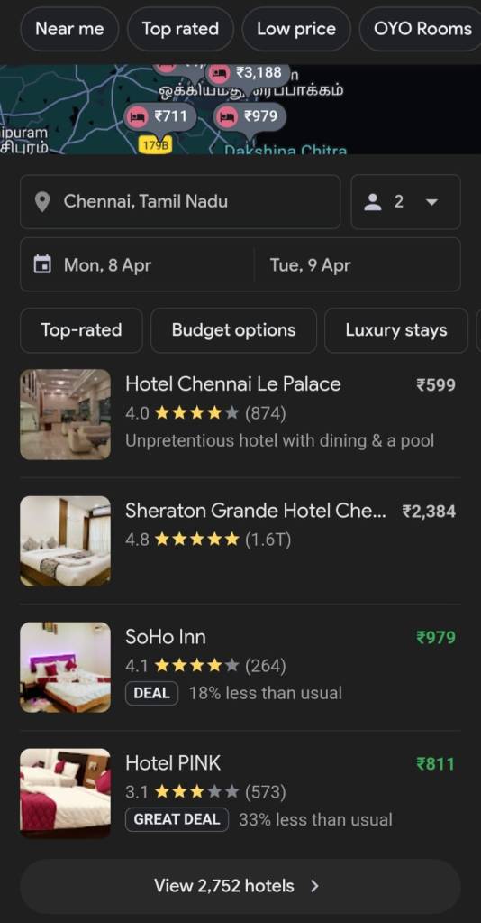 Hotel rooms price comparison in Chennai search results