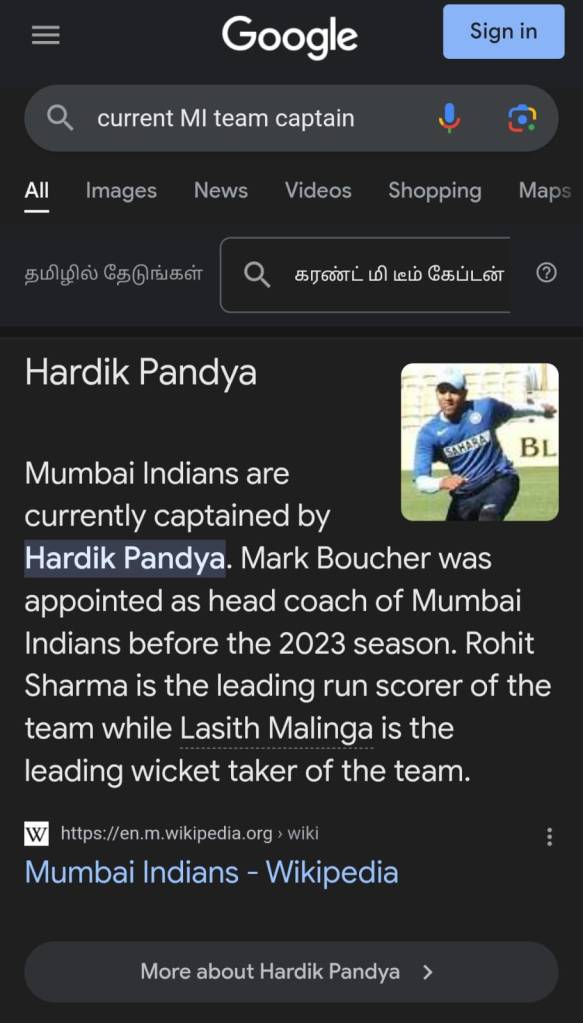 Google Chrome result for the current captain of Mumbai Indians team in 2024?